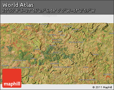 Satellite 3D Map of the Area around 21° 33' 19" S, 47° 31' 29" W