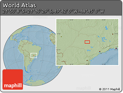 Savanna Style Location Map of the Area around 21° 33' 19" S, 49° 13' 30" W, hill shading