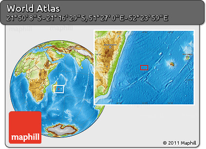 Physical Location Map of the Area around 21° 33' 19" S, 51° 55' 29" E