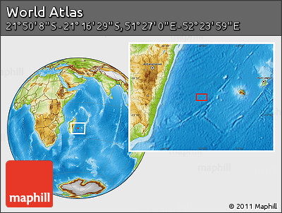 Physical Location Map of the Area around 21° 33' 19" S, 51° 55' 29" E