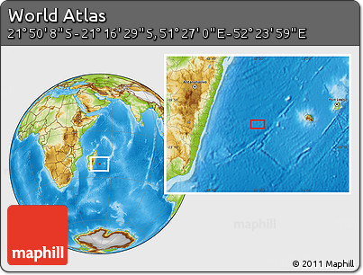 Physical Location Map of the Area around 21° 33' 19" S, 51° 55' 29" E