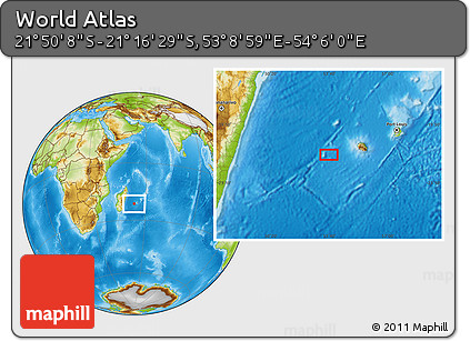 Physical Location Map of the Area around 21° 33' 19" S, 53° 37' 30" E