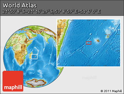 Physical Location Map of the Area around 21° 33' 19" S, 53° 37' 30" E