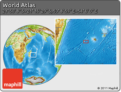 Physical Location Map of the Area around 21° 33' 19" S, 53° 37' 30" E
