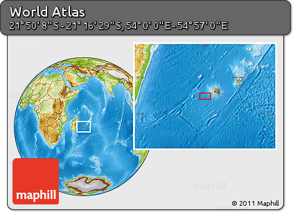 Physical Location Map of the Area around 21° 33' 19" S, 54° 28' 30" E