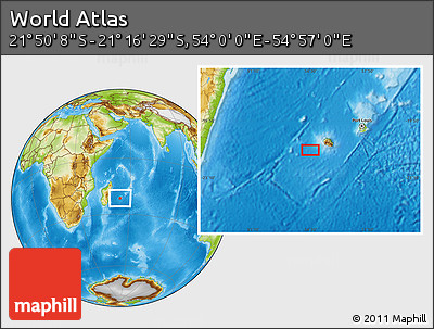 Physical Location Map of the Area around 21° 33' 19" S, 54° 28' 30" E