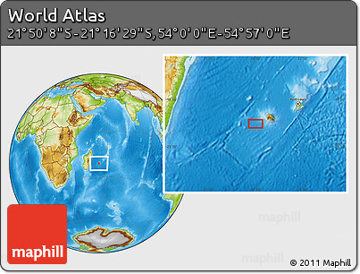 Physical Location Map of the Area around 21° 33' 19" S, 54° 28' 30" E