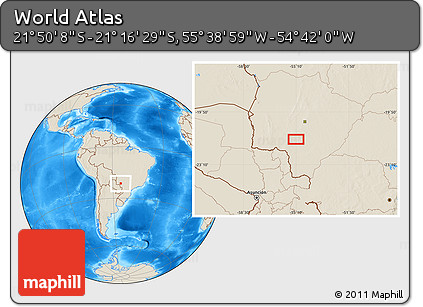 Shaded Relief Location Map of the Area around 21° 33' 19" S, 55° 10' 29" W