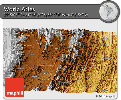 Physical 3D Map of the Area around 21° 33' 19" S, 64° 31' 30" W