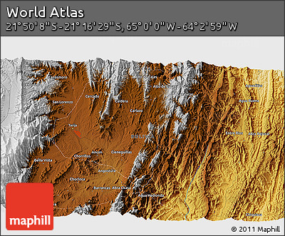 Physical 3D Map of the Area around 21° 33' 19" S, 64° 31' 30" W