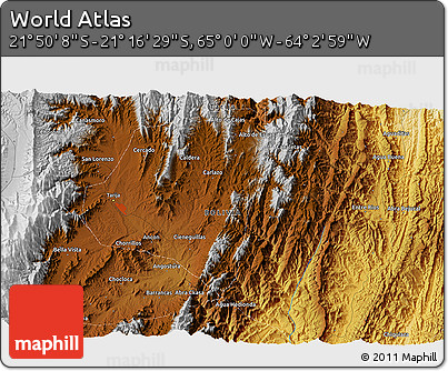 Physical 3D Map of the Area around 21° 33' 19" S, 64° 31' 30" W