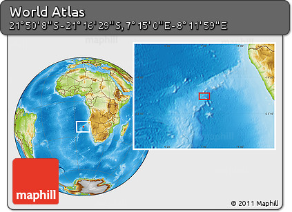 Physical Location Map of the Area around 21° 33' 19" S, 7° 43' 29" E
