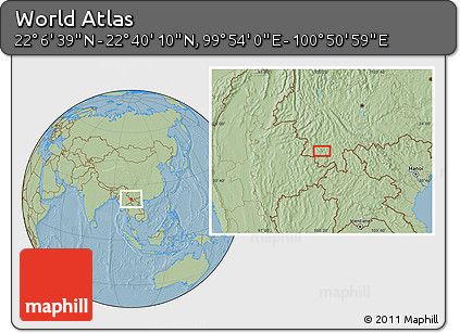 Savanna Style Location Map of the Area around 22° 23' 25" N, 100° 22' 30" E, hill shading