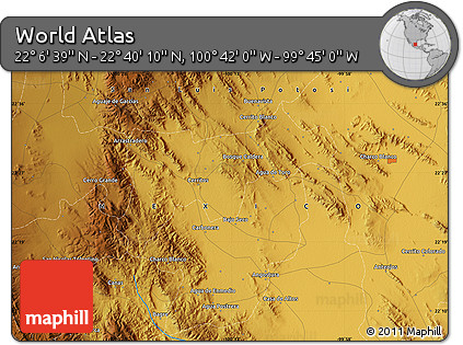 Physical Map of the Area around 22° 23' 25" N, 100° 13' 29" W