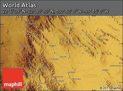 Physical Map of the Area around 22° 23' 25" N, 100° 13' 29" W