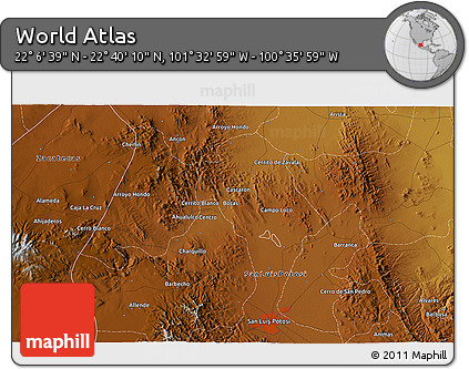 Physical 3D Map of the Area around 22° 23' 25" N, 101° 4' 29" W