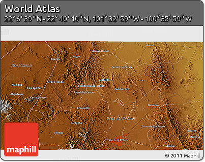 Physical 3D Map of the Area around 22° 23' 25" N, 101° 4' 29" W