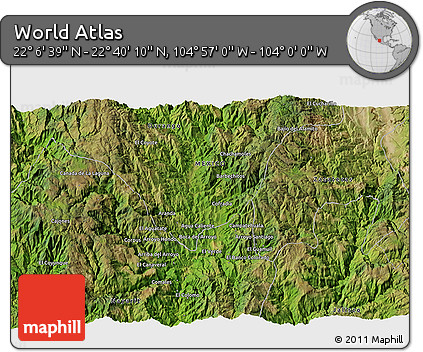 Satellite 3D Map of the Area around 22° 23' 25" N, 104° 28' 29" W