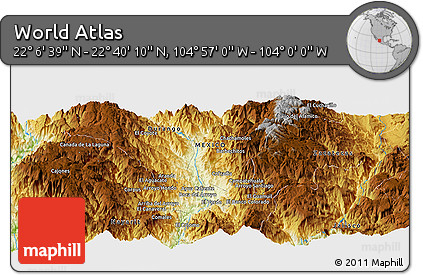 Physical Panoramic Map of the Area around 22° 23' 25" N, 104° 28' 29" W