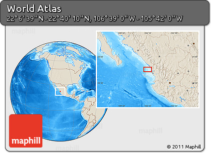 Shaded Relief Location Map of the Area around 22° 23' 25" N, 106° 10' 30" W