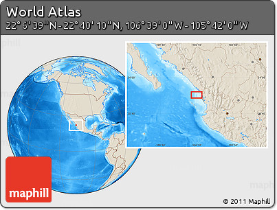 Shaded Relief Location Map of the Area around 22° 23' 25" N, 106° 10' 30" W