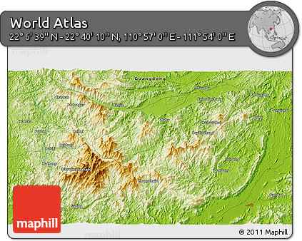 Physical 3D Map of the Area around 22° 23' 25" N, 111° 25' 30" E