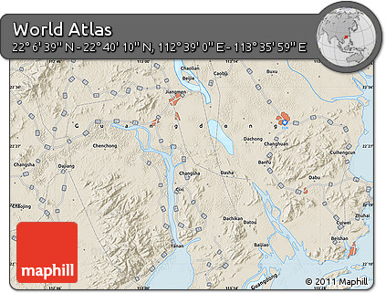 Shaded Relief Map of the Area around 22° 23' 25" N, 113° 7' 30" E