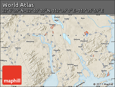 Shaded Relief Map of the Area around 22° 23' 25" N, 113° 7' 30" E
