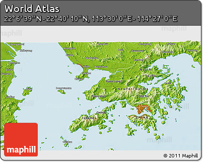 Physical 3D Map of the Area around 22° 23' 25" N, 113° 58' 29" E
