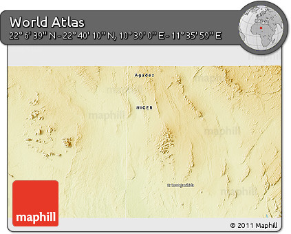Physical 3D Map of the Area around 22° 23' 25" N, 11° 7' 30" E