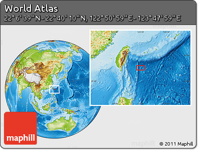 Physical Location Map of the Area around 22° 23' 25" N, 123° 19' 29" E