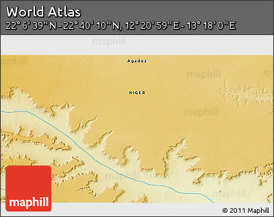 Physical 3D Map of the Area around 22° 23' 25" N, 12° 49' 29" E