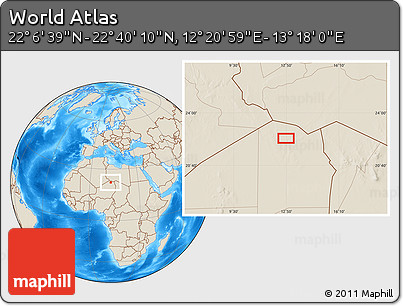 Shaded Relief Location Map of the Area around 22° 23' 25" N, 12° 49' 29" E