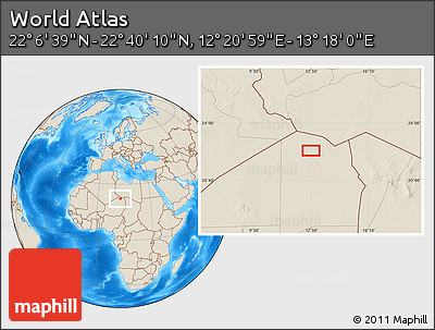 Shaded Relief Location Map of the Area around 22° 23' 25" N, 12° 49' 29" E