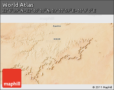 Satellite 3D Map of the Area around 22° 23' 25" N, 13° 40' 30" E