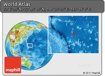 Physical Location Map of the Area around 22° 23' 25" N, 148° 49' 29" E