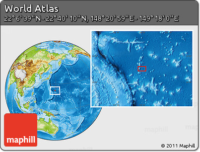 Physical Location Map of the Area around 22° 23' 25" N, 148° 49' 29" E