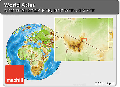 Physical Location Map of the Area around 22° 23' 25" N, 19° 37' 30" E