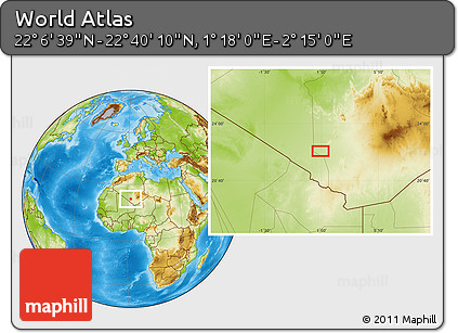 Physical Location Map of the Area around 22° 23' 25" N, 1° 46' 29" E