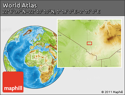 Physical Location Map of the Area around 22° 23' 25" N, 1° 46' 29" E