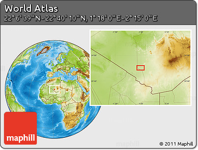 Physical Location Map of the Area around 22° 23' 25" N, 1° 46' 29" E