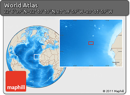 Shaded Relief Location Map of the Area around 22° 23' 25" N, 21° 10' 29" W