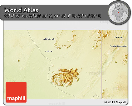 Physical 3D Map of the Area around 22° 23' 25" N, 24° 43' 30" E