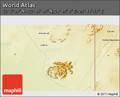 Physical 3D Map of the Area around 22° 23' 25" N, 24° 43' 30" E