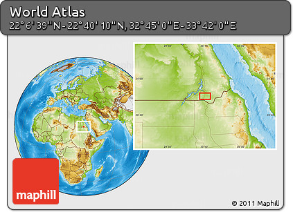 Physical Location Map of the Area around 22° 23' 25" N, 33° 13' 30" E