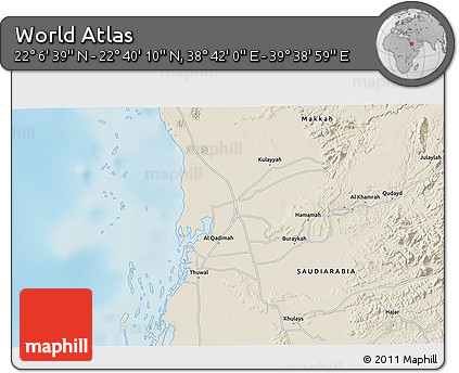 Shaded Relief 3D Map of the Area around 22° 23' 25" N, 39° 10' 29" E
