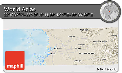 Shaded Relief Panoramic Map of the Area around 22° 23' 25" N, 39° 10' 29" E