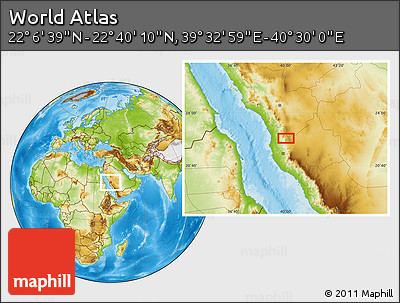 Physical Location Map of the Area around 22° 23' 25" N, 40° 1' 29" E