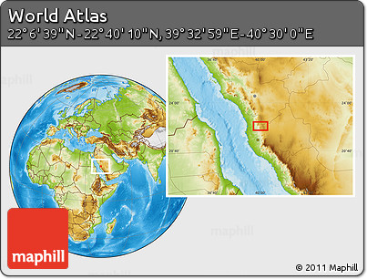 Physical Location Map of the Area around 22° 23' 25" N, 40° 1' 29" E