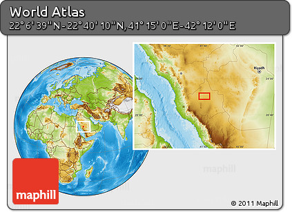 Physical Location Map of the Area around 22° 23' 25" N, 41° 43' 30" E